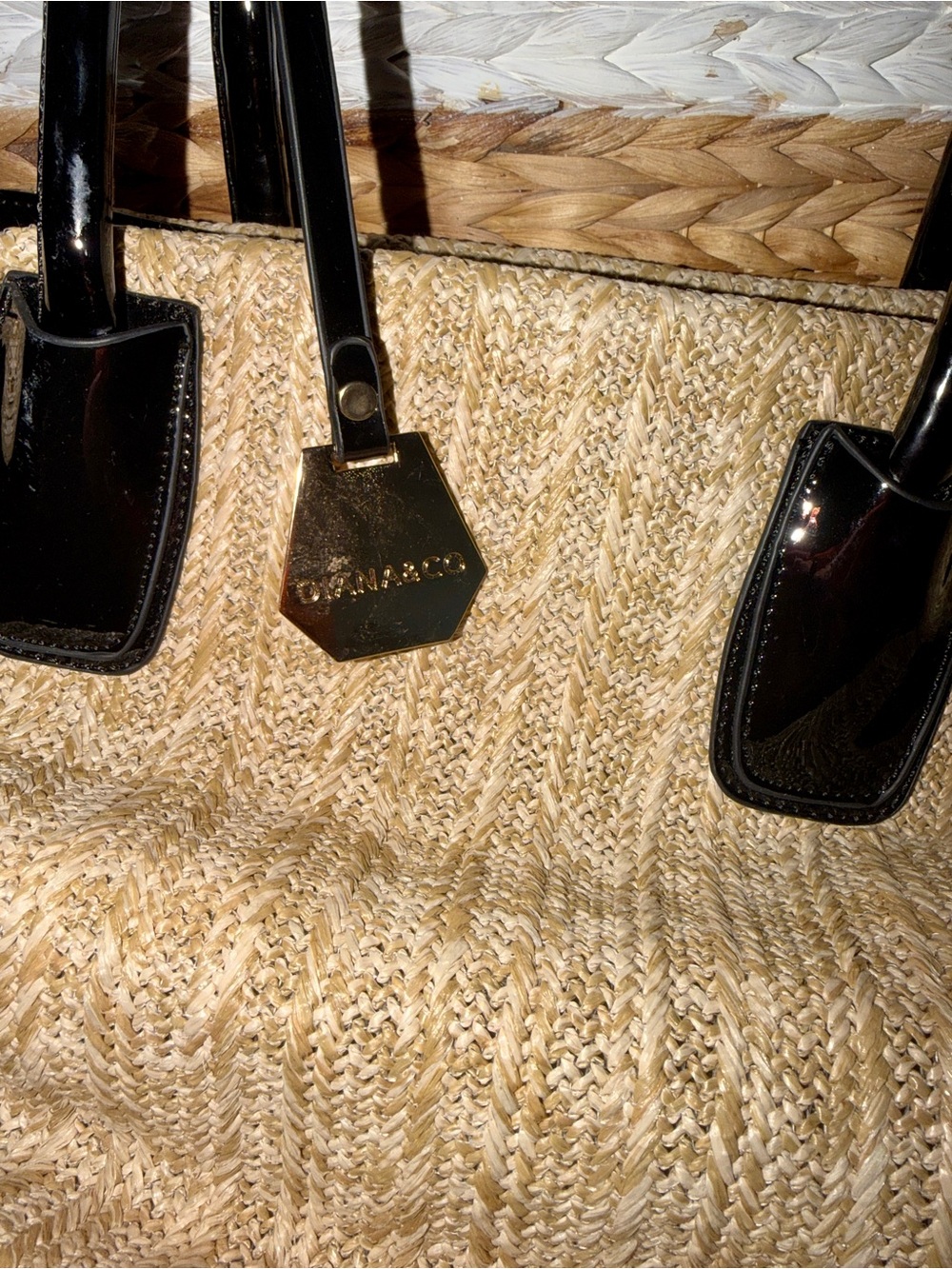 Woven Tote Bag with Black Patent Trim - Picture 3 of 3
